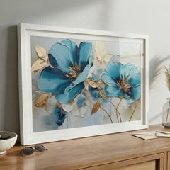 Azure Blooms - Blue & Gold Floral Art (Premium Glass Frame)