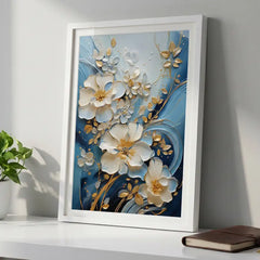 Blue & Gold 3D-Style Floral - Premium Glass Framed Wall Art
