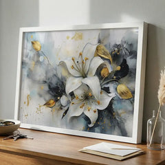 White Lily & Gold Splatters - Floral Art (Premium Glass Frame)