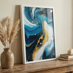 Azure & Gold Flow - Modern Abstract Swirl Art (Premium Glass Frame)