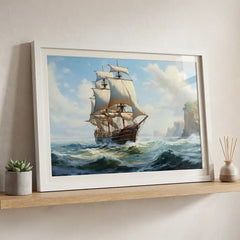 Coastal Voyage - Bright Ocean Ship Art (Premium Glass Frame)