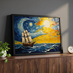 Celestial Voyage - Van Gogh Style Ship Art (Premium Glass Frame)