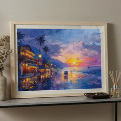 Twilight Coast - Sea Beach & City Lights Art (Premium Glass Frame)