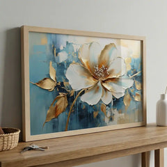 Azure & Gold Petals - Floral Art (Premium Glass Frame)