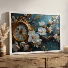 Vintage Clock & White Floral - Premium Glass Framed Wall Art