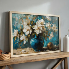 Azure Vase Blossoms - Still Life Art (Premium Glass Frame)
