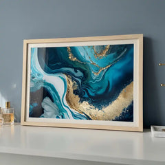 Blue Gold Fluidity - Modern Marble Abstract Art (Premium Glass Frame)