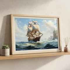 Coastal Voyage - Bright Ocean Ship Art (Premium Glass Frame)