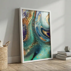 Teal & Gold Fluid Geode Abstract - Premium Glass Framed Wall Art