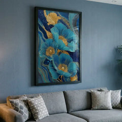 Royal Blue & Gold Floral - Premium Glass Framed Wall Art