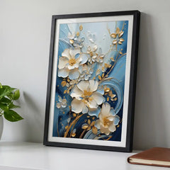 Blue & Gold 3D-Style Floral - Premium Glass Framed Wall Art