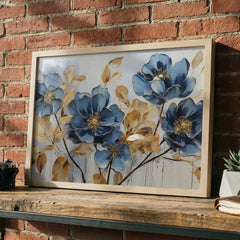 Sapphire & Gold Blooms - Floral Art (Premium Glass Frame)