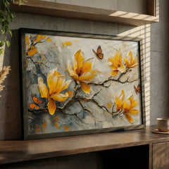 Vibrant Yellow & Orange Floral Butterfly - Premium Glass Framed Wall Art