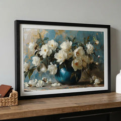 White Blossoms in Blue Vase - Floral Art (Premium Glass Frame)