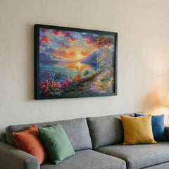 Serene Horizon - Colorful Lake Sunset Art (Premium Glass Frame)