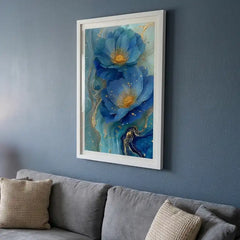 Ocean Blue & Gold Floral - Premium Glass Framed Wall Art