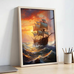 Golden Sunset Voyage - Majestic Sailing Ship Art (Premium Glass Frame)