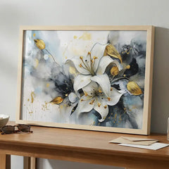 White Lily & Gold Splatters - Floral Art (Premium Glass Frame)