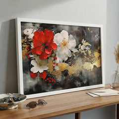 Crimson Elegance - Red & White Floral Art (Premium Glass Frame)