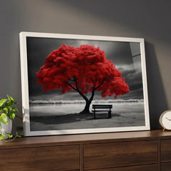 Striking Red Tree Scenery - Premium Glass Framed Wall Art