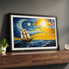 Celestial Voyage - Van Gogh Style Ship Art (Premium Glass Frame)