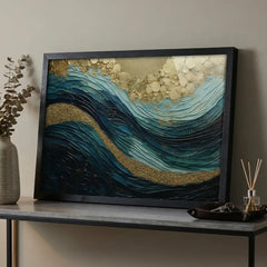 Oceanic Gold Swirl - Textured Abstract Art (Premium Glass Frame)