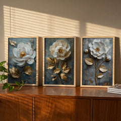 Gilded White Blooms - 3 Piece Metallic Floral Combo (Premium Glass Frame)