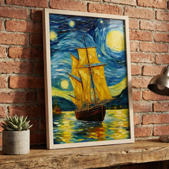Golden Sails under Starry Skies - Vertical Van Gogh Ship Art (Premium Glass Frame)