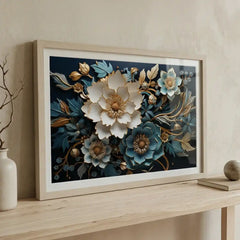 Midnight Teal Blossoms - Floral Art (Premium Glass Frame)