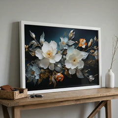 Midnight & Ivory Blossoms - Floral Art (Premium Glass Frame)