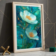 Ethereal Teal Floral - Premium Glass Framed Wall Art