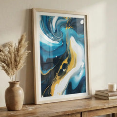 Azure & Gold Flow - Modern Abstract Swirl Art (Premium Glass Frame)