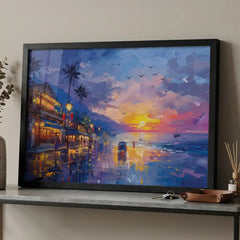 Twilight Coast - Sea Beach & City Lights Art (Premium Glass Frame)