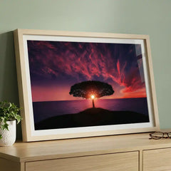 Majestic Magenta Twilight - Solitary Tree Sunset Scenery (Premium Glass Frame)