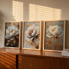 Golden Aura White Peonies - 3 Piece Floral Art Combo (Premium Glass Frame)