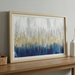 Golden Rainfall - Blue & Gold Abstract Art (Premium Glass Frame)