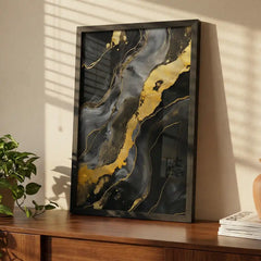 Black & Gold Fluid Marble Abstract - Premium Glass Framed Wall Art