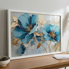 Azure Blooms - Blue & Gold Floral Art (Premium Glass Frame)