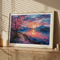 Pink Blossom Sunset - Dreamy Lake Scenery (Premium Glass Frame)