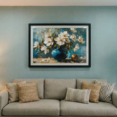Azure Vase Blossoms - Still Life Art (Premium Glass Frame)