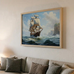 Coastal Voyage - Bright Ocean Ship Art (Premium Glass Frame)