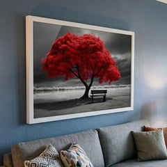 Striking Red Tree Scenery - Premium Glass Framed Wall Art