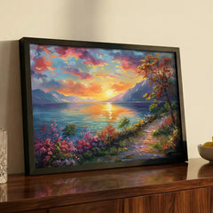 Serene Horizon - Colorful Lake Sunset Art (Premium Glass Frame)