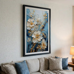 Blue & Gold 3D-Style Floral - Premium Glass Framed Wall Art
