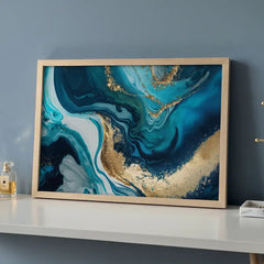 Blue Gold Fluidity - Modern Marble Abstract Art (Premium Glass Frame)