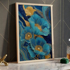 Royal Blue & Gold Floral - Premium Glass Framed Wall Art