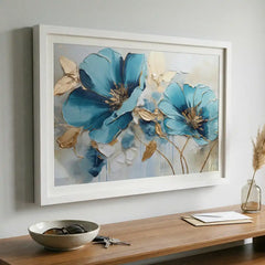 Azure Blooms - Blue & Gold Floral Art (Premium Glass Frame)
