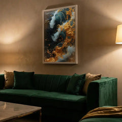 Golden Blue Swirl Abstract - Premium Glass Framed Wall Art