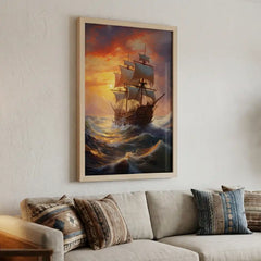 Golden Sunset Voyage - Majestic Sailing Ship Art (Premium Glass Frame)