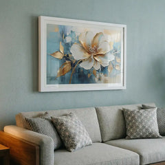 Azure & Gold Petals - Floral Art (Premium Glass Frame)